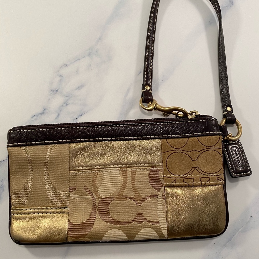 Coach Brown/Gold Leather Suede Wristlet